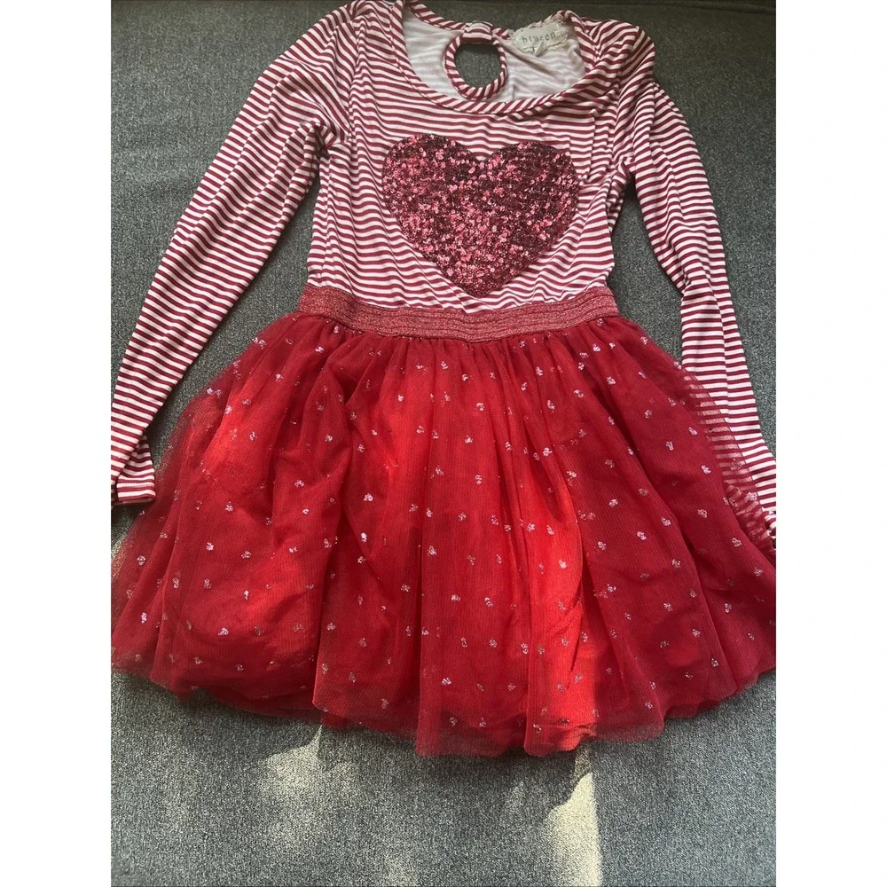 btween Heart Tutu Dress Girls Size 6 Red White Striped Long Sleeve Glitter